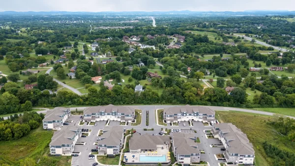 Aerial view of the The Pointe at Five Oaks community grounds and countryside views